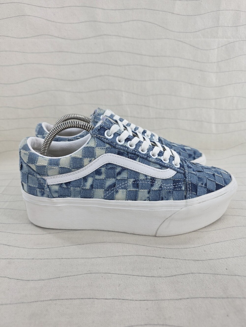 Vans Womens Old Skool Stackform Platform Blue Woven Denim Sneakers Shoes Sz 8.5